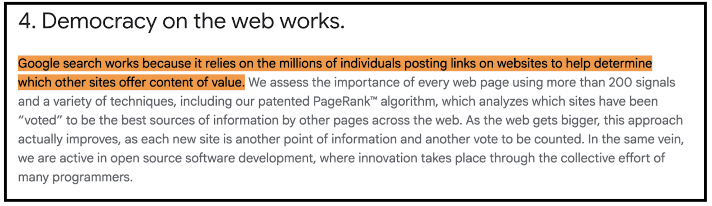 This screenshot from Google’s official philosophy page highlights a sentence about backlinks that reads: “Google search works because it relies on the millions of individuals posting links on websites to help determine which other sites offer content of value.”
